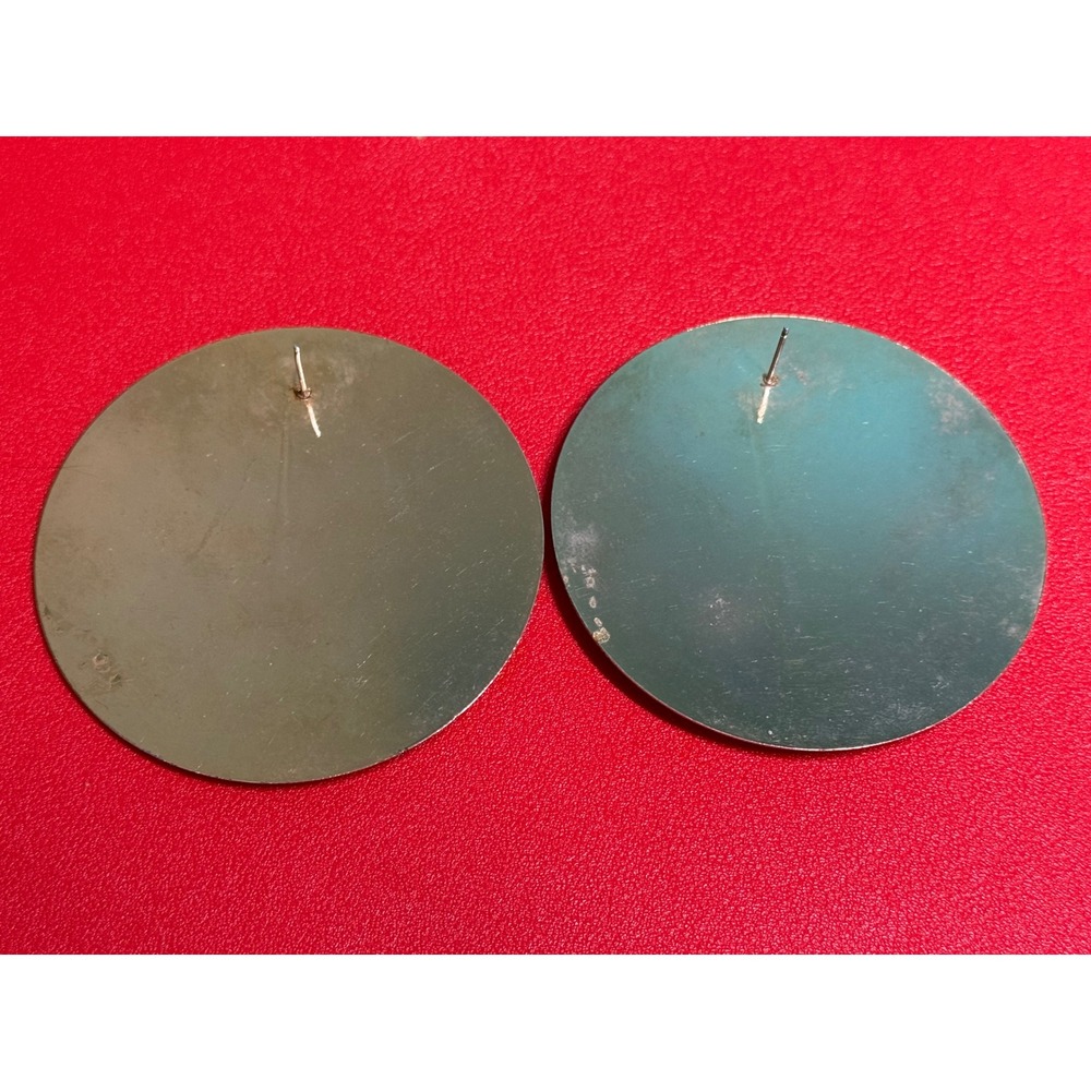 Vintage Handmade Abstract Disc Earrings Green Gold Resin Artisan Statement - Picture 3 of 9